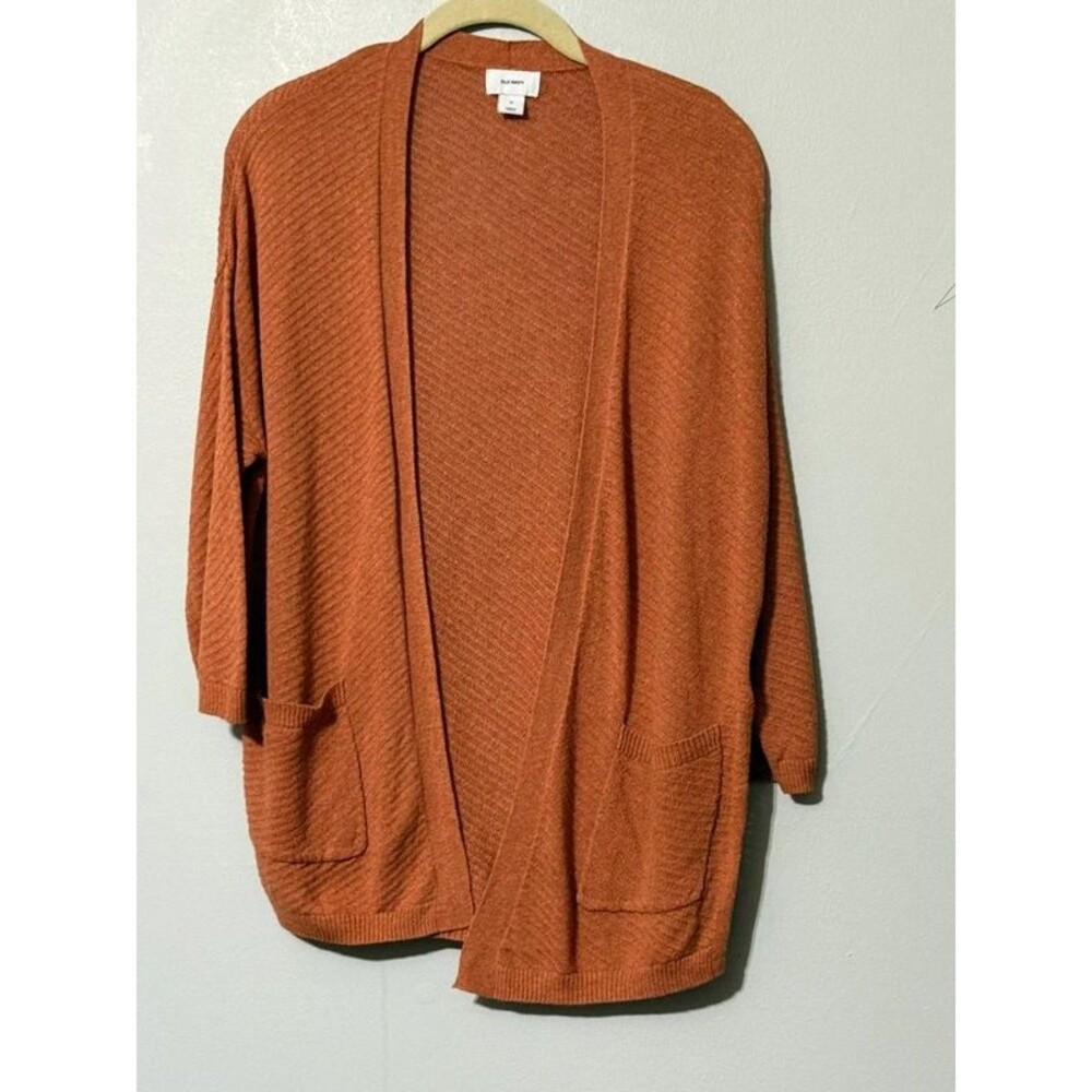 Old Navy Open Front Cardigan Medium Rust Orange Textured Knit Pockets